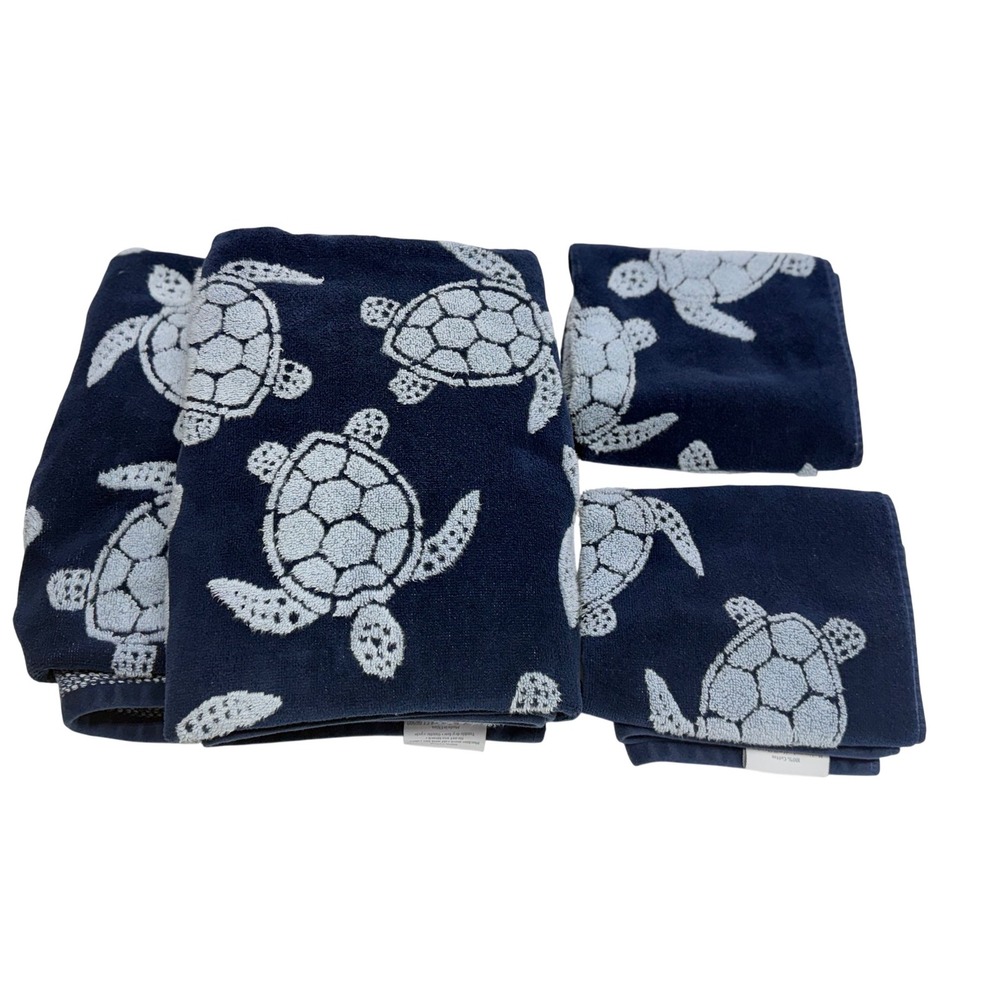 Caro Home Towel Set Navy Blue Sea Turtle Coastal Nautical Bathroom Decor 4 Piece